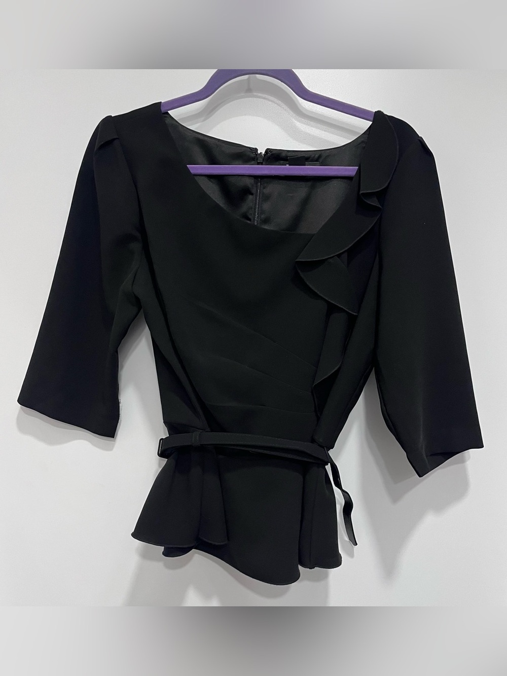 White House Black Market Peplum Ruffle Blouse Elegant 3/4 Sleeves Belted Size 14